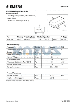 BCR129 datasheet - NPN Silicon Digital Transistor (Switching circuit, inverter, interface circuit, driver circuit)