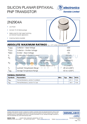 2N2904A datasheet - SILICON PLANAR EPITAXIAL PNP TRANSISTOR