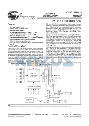 CY62127DV18 datasheet - 1M (64K x 16) Static RAM