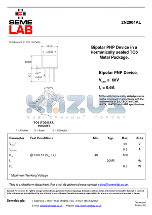 2N2904AL datasheet - Bipolar PNP Device in a Hermetically sealed TO5