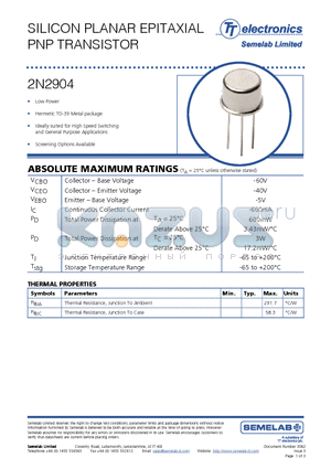 2N2904_09 datasheet - SILICON PLANAR EPITAXIAL PNP TRANSISTOR