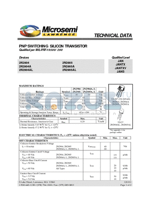 2N2905 datasheet - PNP SWITCHING SILICON TRANSISTOR