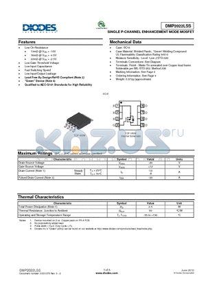 DMP2022LSS-13 datasheet - SINGLE P-CHANNEL ENHANCEMENT MODE MOSFET