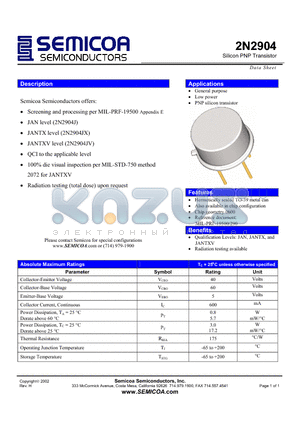 2N2904JV datasheet - Silicon PNP Transistor