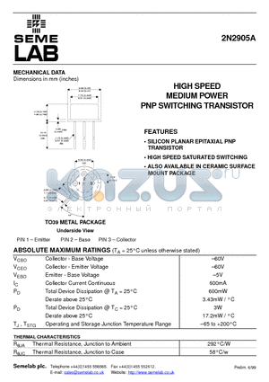 2N2905A datasheet - HIGH SPEED MEDIUM POWER PNP SWITCHING TRANSISTOR