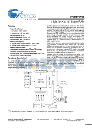 CY62127DV30L-70BVI datasheet - 1-Mb (64K x 16) Static RAM