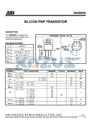 2N2905A datasheet - SILICON PNP TRANSISTOR