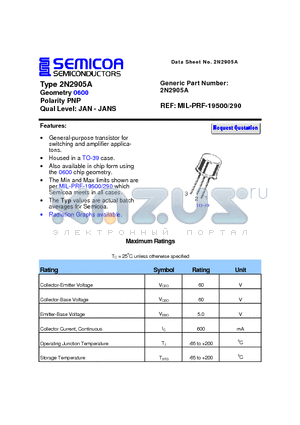 2N2905A datasheet - Type 2N2905A Geometry 0600 Polarity PNP