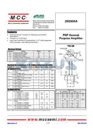 2N2905A datasheet - PNP General Purpose Amplifier
