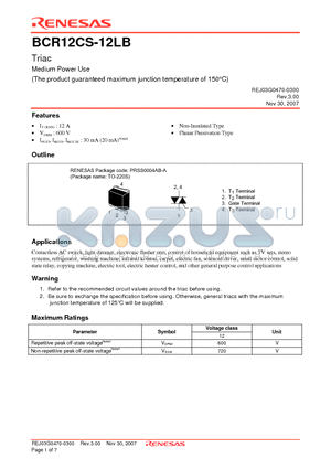 BCR12CS-12LB datasheet - Triac Medium Power Use (The product guaranteed maximum junction temperature of 150`C)