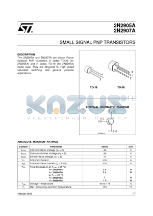 2N2905A datasheet - SMALL SIGNAL PNP TRANSISTORS