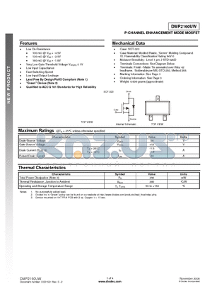 DMP2160UW-7 datasheet - P-CHANNEL ENHANCEMENT MODE MOSFET