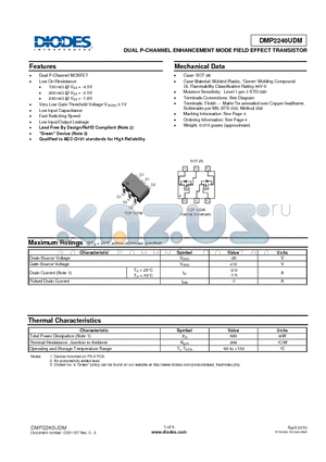 DMP2240UDM datasheet - DUAL P-CHANNEL ENHANCEMENT MODE FIELD EFFECT TRANSISTOR