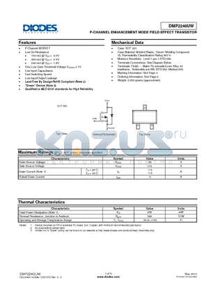 DMP2240UW datasheet - P-CHANNEL ENHANCEMENT MODE FIELD EFFECT TRANSISTOR