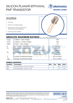 2N2906 datasheet - SILICON PLANAR EPITAXIAL PNP TRANSISTOR