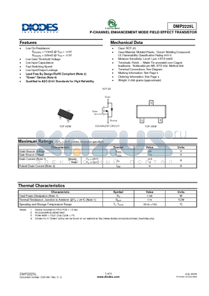 DMP2225L-7 datasheet - P-CHANNEL ENHANCEMENT MODE FIELD EFFECT TRANSISTOR