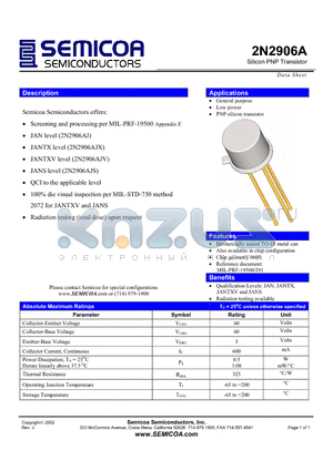 2N2906A datasheet - Silicon PNP Transistor