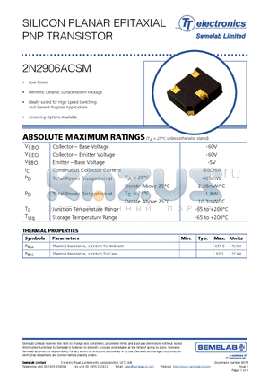 2N2906ACSM datasheet - SILICON PLANAR EPITAXIAL PNP TRANSISTOR