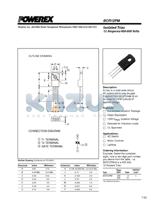 BCR12PM-8 datasheet - Isolated Triac 12 Amperes/400-600 Volts