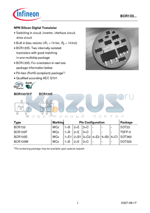 BCR133F datasheet - NPN Silicon Digital Transistor