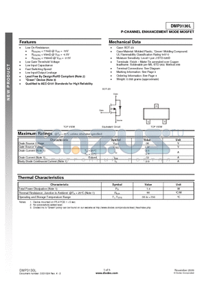 DMP3130L datasheet - P-CHANNEL ENHANCEMENT MODE MOSFET