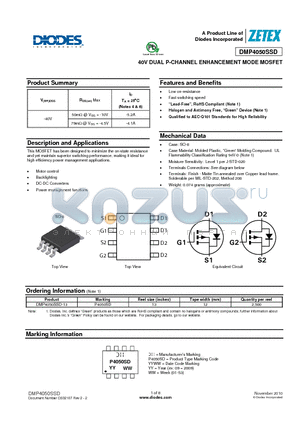 DMP4050SSD-13 datasheet - 40V DUAL P-CHANNEL ENHANCEMENT MODE MOSFET