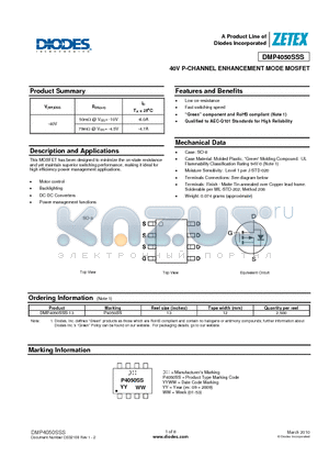 DMP4050SSS-13 datasheet - 40V P-CHANNEL ENHANCEMENT MODE MOSFET