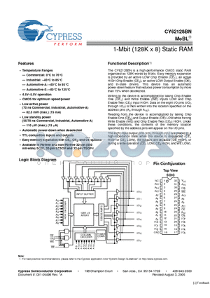 CY62128BNLL-70ZC datasheet - 1-Mbit (128K x 8) Static RAM