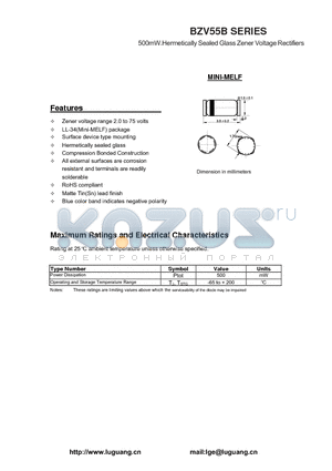 BZV55B datasheet - 500mW.Hermetically Sealed Glass Zener Voltage Rectifiers