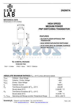 2N2907A datasheet - HIGH SPEED MEDIUM POWER PNP SWITCHING TRANSISTOR