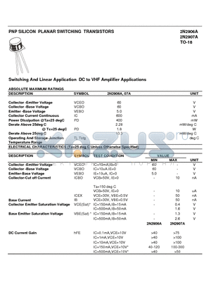 2N2907A datasheet - PNP SILICON PLANAR SWITCHING TRANSISTORS