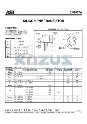 2N2907A datasheet - SILICON PNP TRANSISTOR