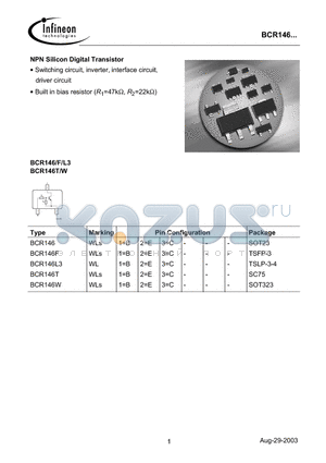 BCR146W datasheet - NPN Silicon Digital Transistor