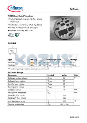 BCR146_07 datasheet - NPN Silicon Digital Transistor