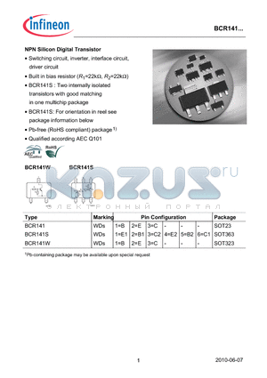 BCR141W datasheet - NPN Silicon Digital Transistor