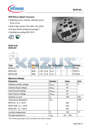 BCR142W datasheet - NPN Silicon Digital Transistor