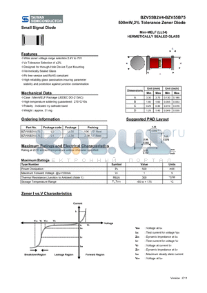 BZV55B15 datasheet - 0.5 Watts Hermetically Sealed Glass Zener Voltage Regulators