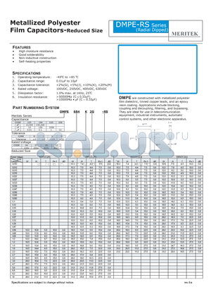 DMPE104G2A-RS datasheet - Metallized Polyester Film Capacitors-Reduced Size