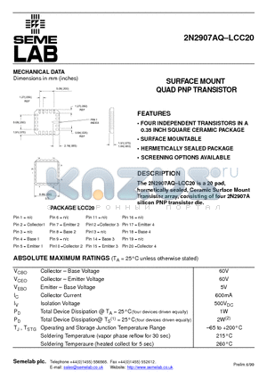 2N2907AQLCC20 datasheet - SURFACE MOUNT QUAD PNP TRANSISTOR