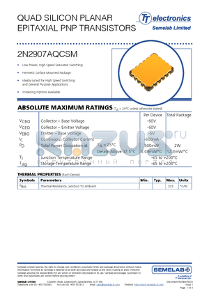 2N2907AQCSM datasheet - QUAD SILICON PLANAR EPITAXIAL PNP TRANSISTORS