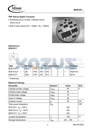 BCR151T datasheet - PNP Silicon Digital Transistor