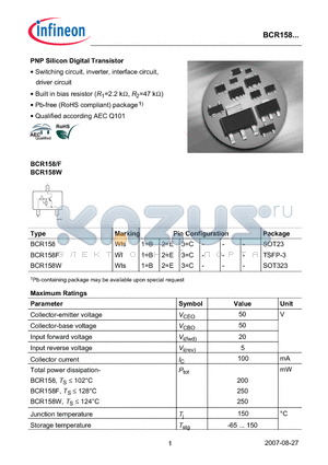 BCR158F datasheet - PNP Silicon Digital Transistor