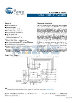 CY62128EV30 datasheet - 1-Mbit (128 K  8) Static RAM Typical standby current: 1 lA