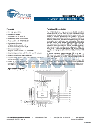 CY62128EV30 datasheet - 1-Mbit (128 K x 8) Static RAM Automatic power-down when deselected