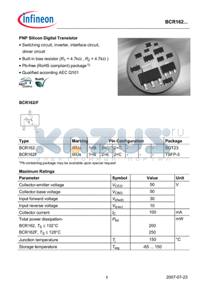 BCR162F datasheet - PNP Silicon Digital Transistor