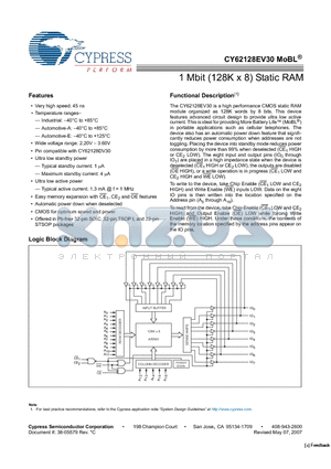 CY62128EV30 datasheet - 1 Mbit (128K x 8) Static RAM