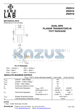 2N2914 datasheet - DUAL NPN PLANAR TRANSISTORS IN TO77 PACKAGE