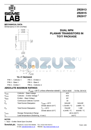 2N2913 datasheet - DUAL NPN PLANAR TRANSISTORS IN TO77 PACKAGE