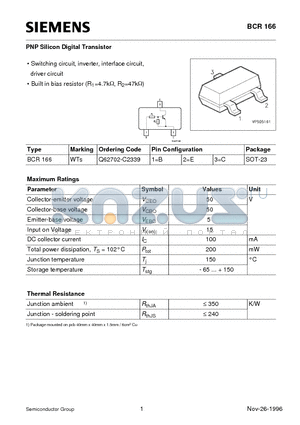 BCR166 datasheet - PNP Silicon Digital Transistor (Switching circuit, inverter, interface circuit, driver circuit)