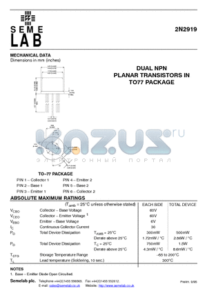 2N2919 datasheet - DUAL NPN PLANAR TRANSISTORS IN TO77 PACKAGE